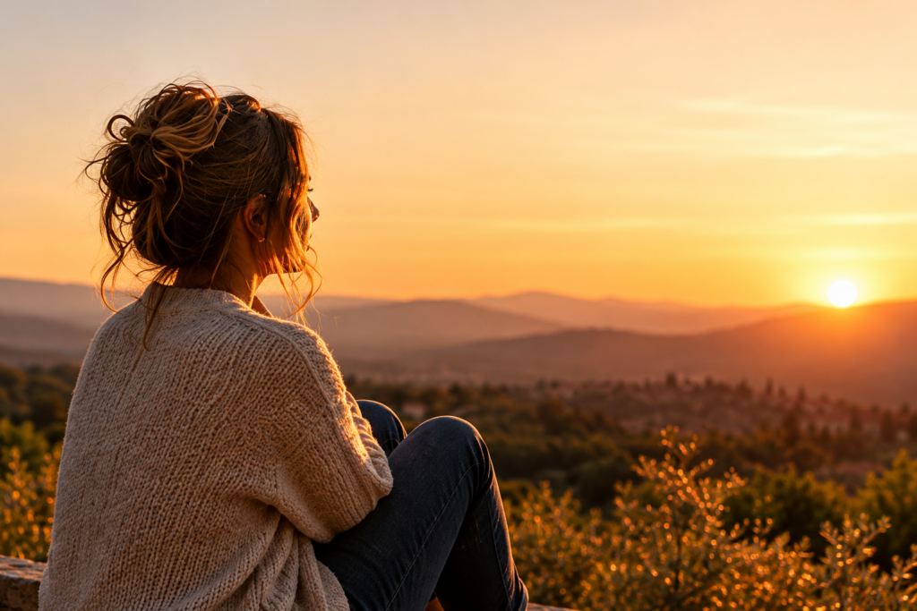 Donna seduta su una collina che contempla il tramonto, immersa in un paesaggio dai colori caldi.