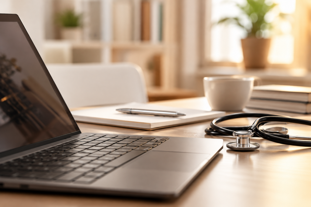 Scrivania con computer portatile, stetoscopio e quaderno, simbolo della formazione ECM online.