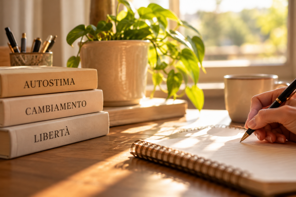 Libri dedicati all'autostima, al cambiamento e alla libertà accanto a un quaderno su cui una mano sta scrivendo, illuminati dalla luce del sole.