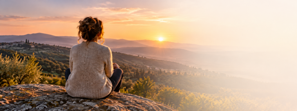 Donna seduta su una roccia che contempla un paesaggio di colline al tramonto, simbolo di consapevolezza e autenticità.