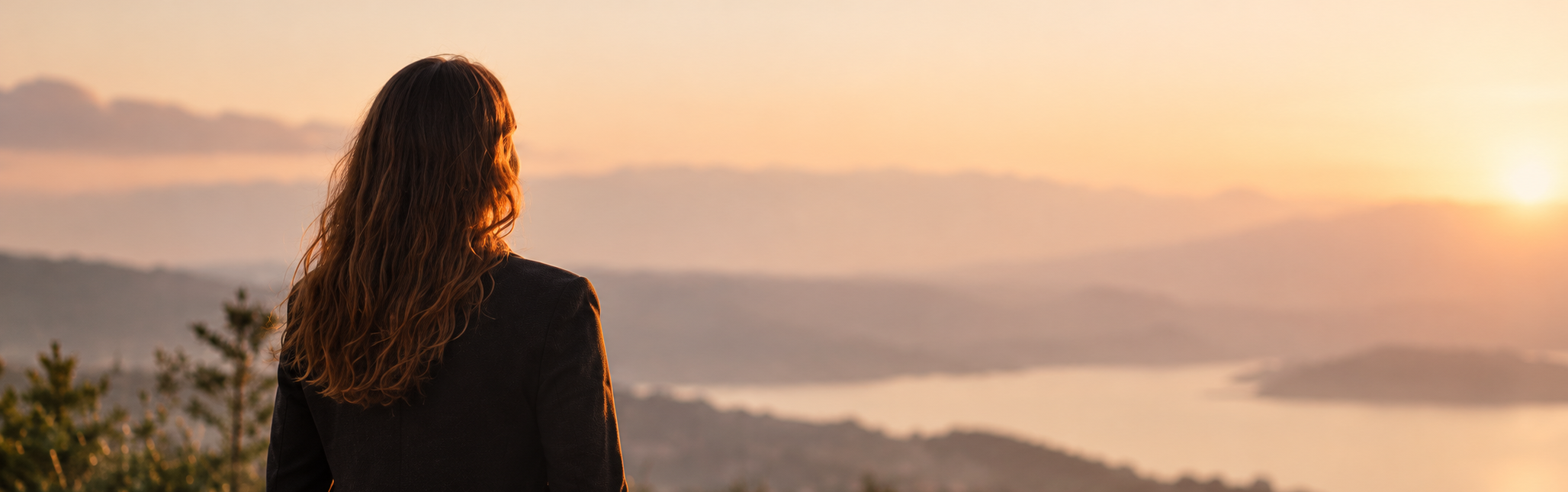 Donna di spalle che contempla un paesaggio al tramonto, simbolo del percorso Riprenditi te stesso.